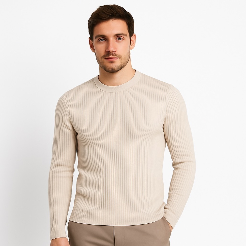 BOOHOOMAN Men's Tan Ribbed Crew Neck Lightweight Sweater Size M